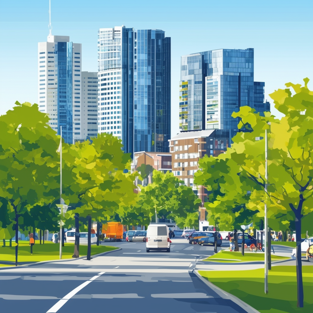 High-quality flat vector illustration showcasing Frankfurts modern cityscape with prominent skyscraper lush green parks and vibrant street life symbolizing long-term investment security high quality of living excellent infrastructure urban development Germ