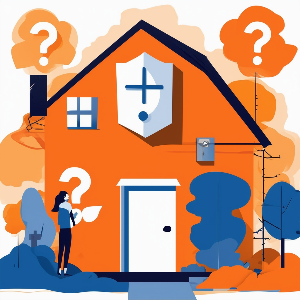 Thoughtful person pondering decision to sell or rent apartment/house surrounded by icons representing pros and cons subtle gradient effects incorporating White ffffff Orange ec6707 Blue 1398f8 Dark Gray 595857 Light Gray a6a7a8.