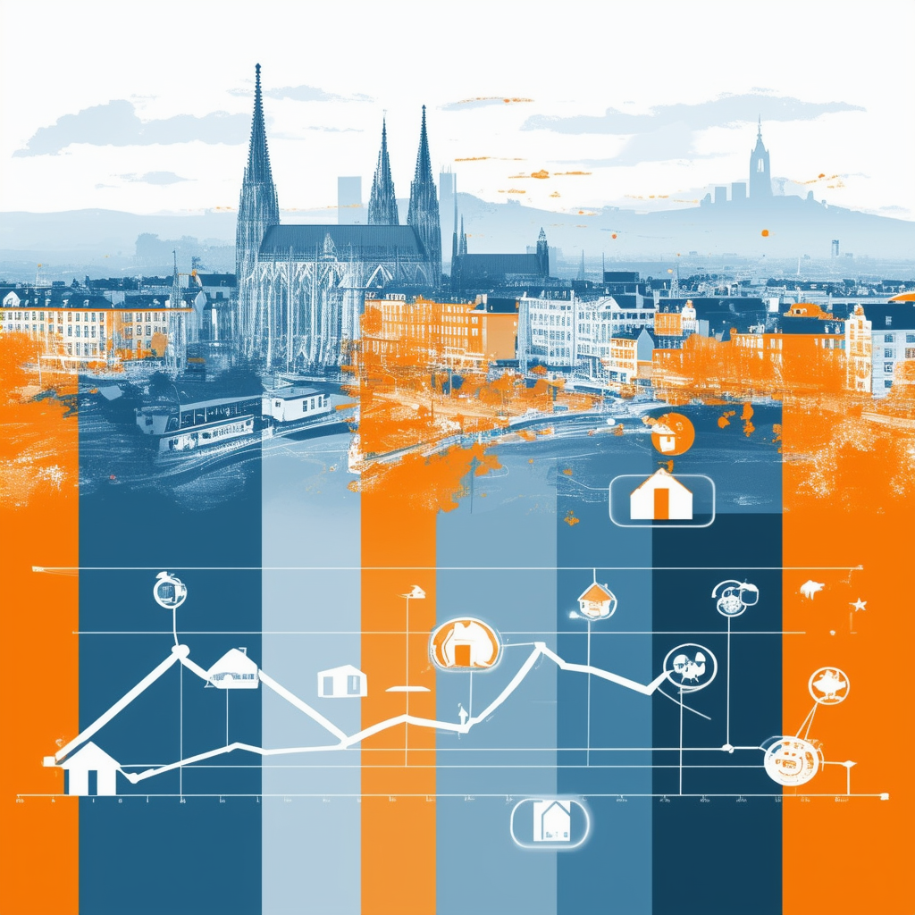 Professional Property Valuation Report: Frankfurt am Main Skyline - White ffffff Orange ec6707 Blue 1398f8 Dark Gray 595857 Light Gray a6a7a8. Stylized map highlights location infrastructure size zoning regulations icons representing factors influencing pr