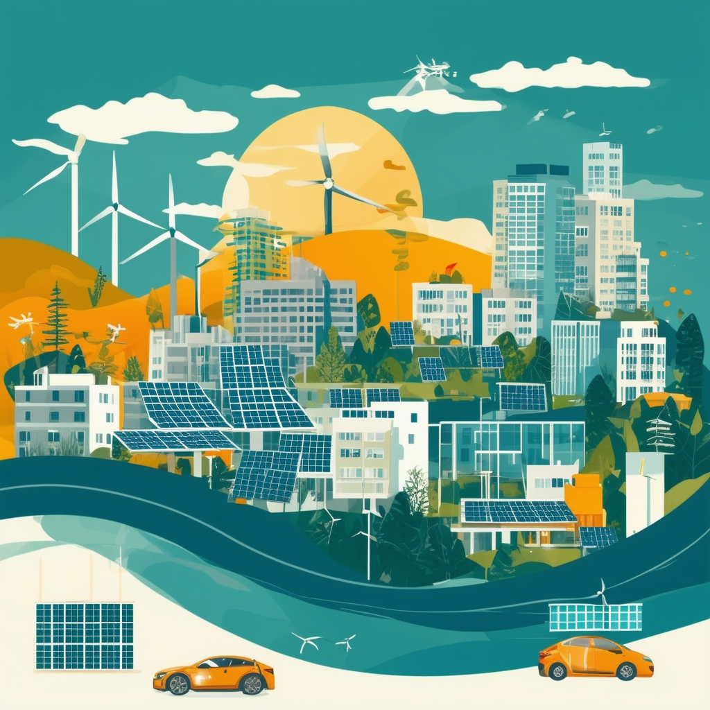 Sustainable Urban Landscape: Modern Architecture - Green buildings solar panels wind turbines electric vehicles smart grids digitalization online platforms for property evaluation virtual tours regulatory changes energy efficiency eco-friendly infrastructu