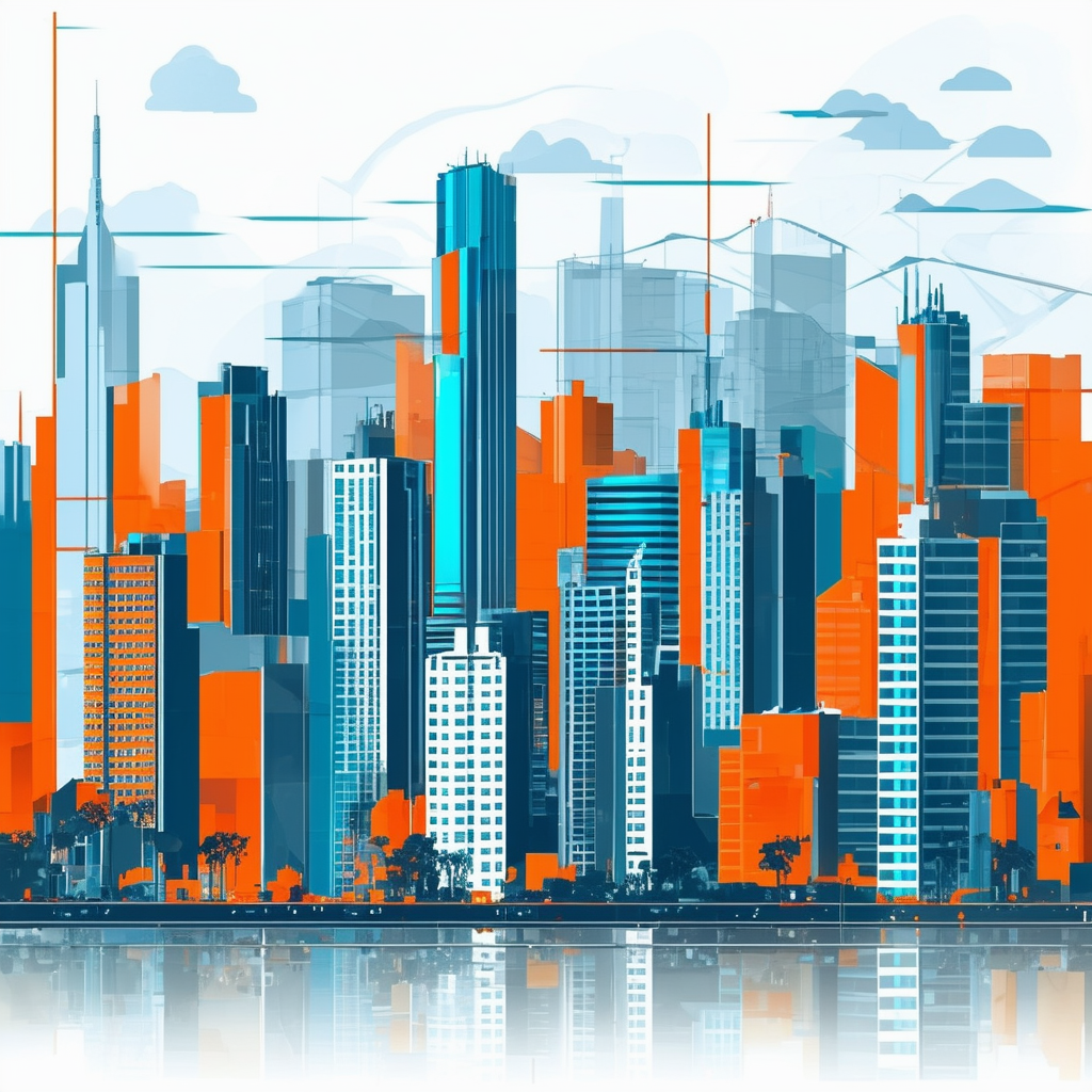 Futuristic cityscape mit skyscrapern und Marktwertanalyse im Zentrum hervorhebend die Bedeutung von Marktanalysen in der dynamischen Welt des Immobilienwesens mit starken Linien und leuchtenden Farben wie Weiss ffffff Orange ec6707 Blau 1398f8 dunklem Grau