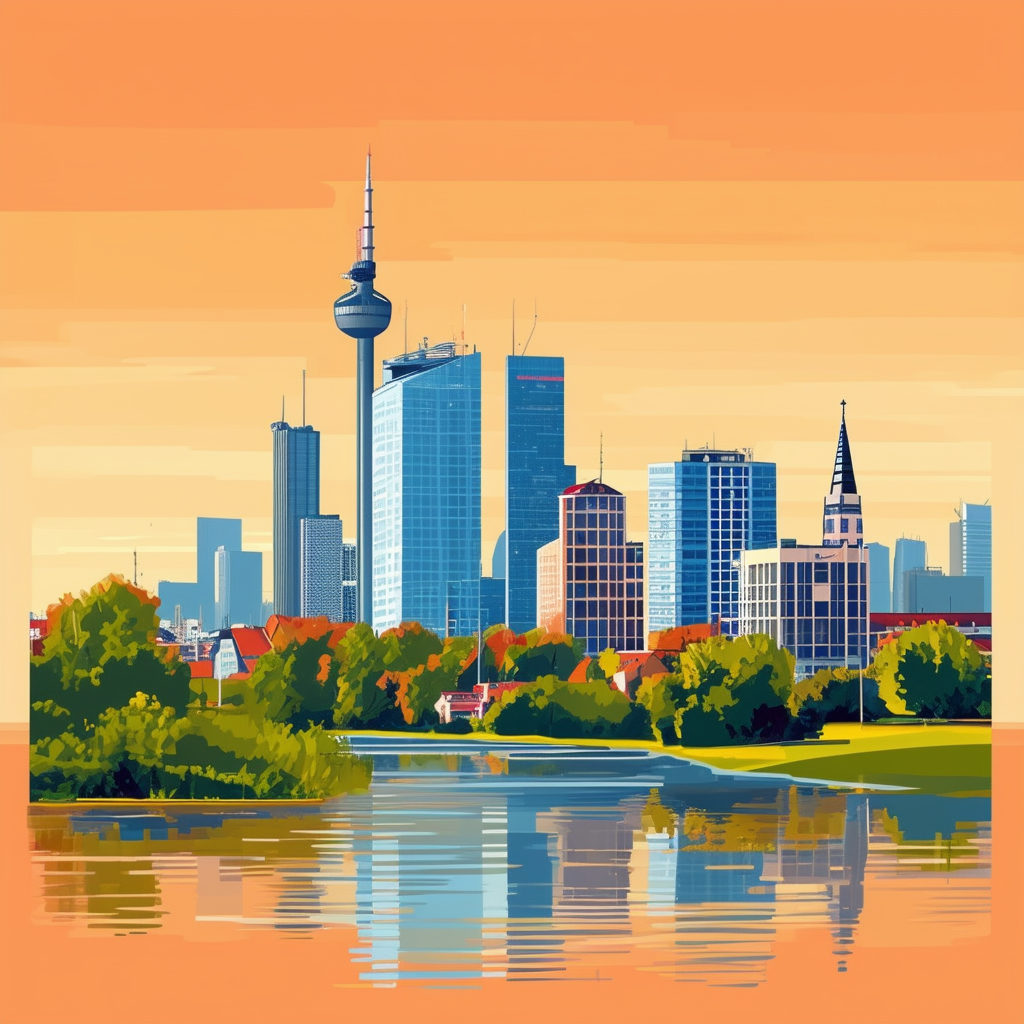 Dynamic Frankfurt skyline illustration: Rising skyscrapers amidst lush greenery water features symbolizing growth  stability set against a warm orange ec6707 background accented by calming blue 1398f8 conveying optimism  progress.