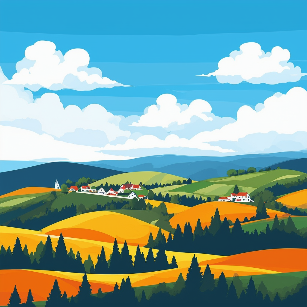 Serene landscape with rolling hills green forests small village in distance bright blue sky fluffy white clouds soft pastel colors White ffffff Orange ec6707 Blue 1398f8 Dark Gray 595857 Light Gray a6a7a8.