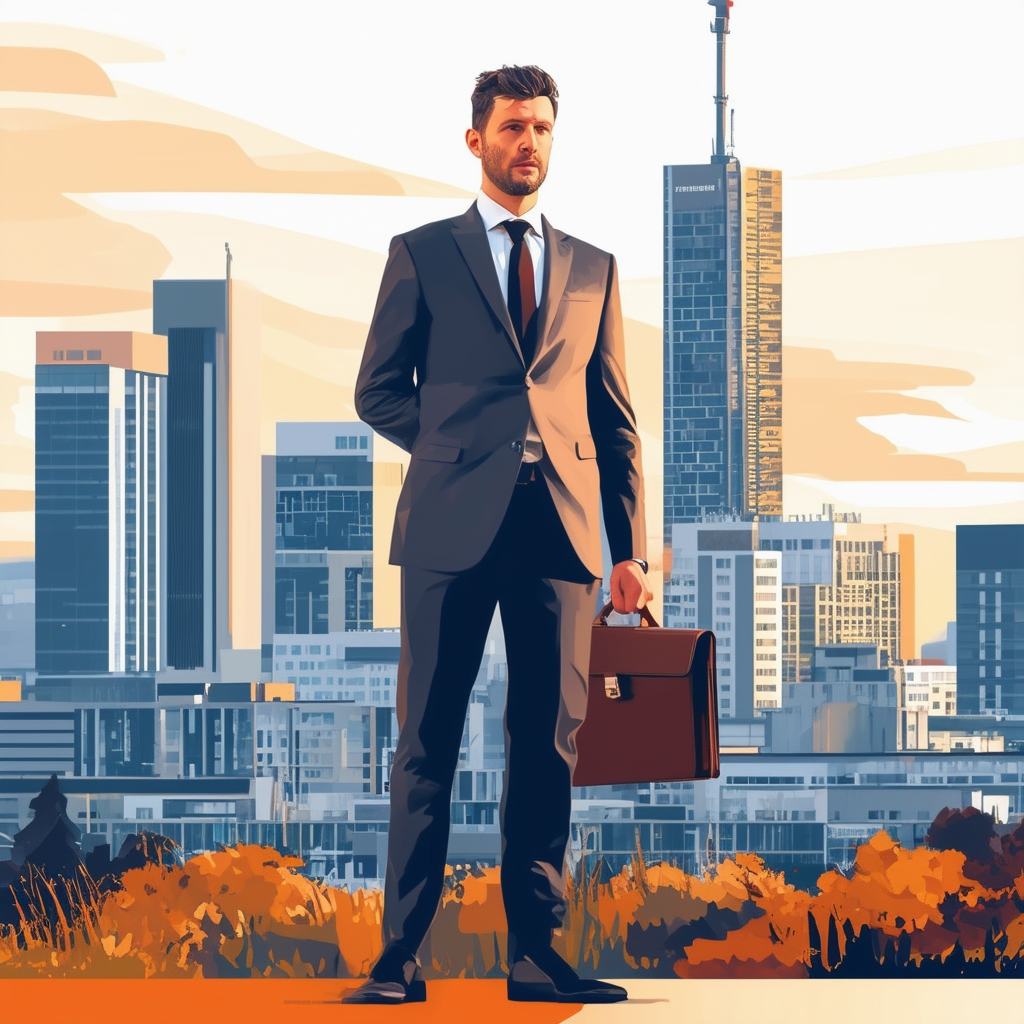 Professional Real Estate Agent Maximilian Ruecker standing in front of modern Frankfurt skyline surrounded by buildings and greenery briefcase in hand conveying trustworthiness expertise success wearing suit tie Hex colors: White ffffff Orange ec6707 Blue