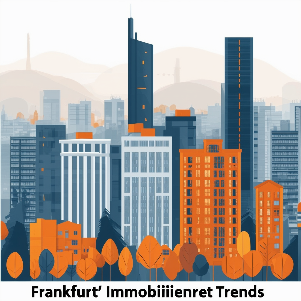 High-quality flat vector illustration showcasing Frankfurts Immobilienmarkt Trends featuring energetic renovations and attractive locations set against a backdrop of urban skyscrapers green spaces modern architecture optimism for future market development