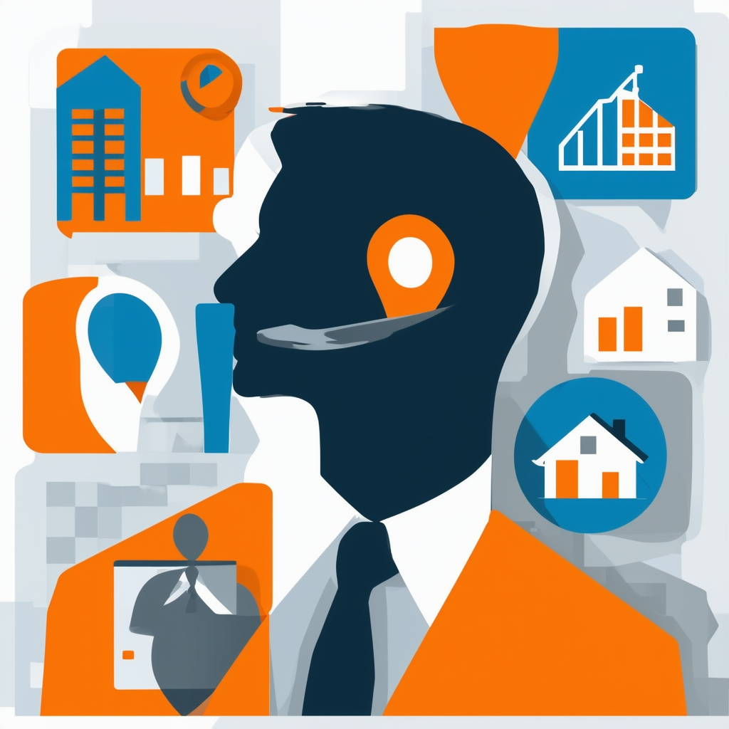 Professional real estate agent surrounded by icons representing property valuation including location maps market trends financial reports White ffffff Orange ec6707 Blue 1398f8 Dark Gray 595857 Light Gray a6a7a8.