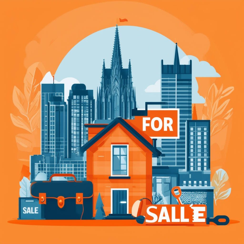 Frankfurt am Main cityscape with house icon in foreground surrounded by elements representing preparation for sale: For Sale sign key briefcase set against warm color scheme featuring White ffffff Orange ec6707 Blue 1398f8 Dark Gray 595857 Light Gray a6a7a