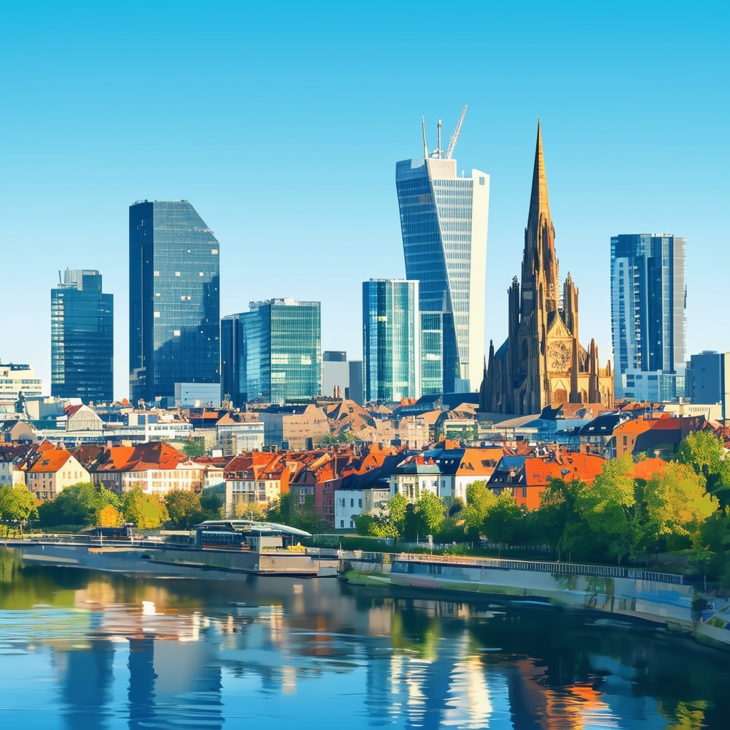 High-quality flat vector illustration of Frankfurts skyline showcasing modern skyscrapers alongside historic buildings set against a bright blue sky. Notable landmarks include Roemerberg square St. Pauls Church Main River surrounded by lush greenery featur