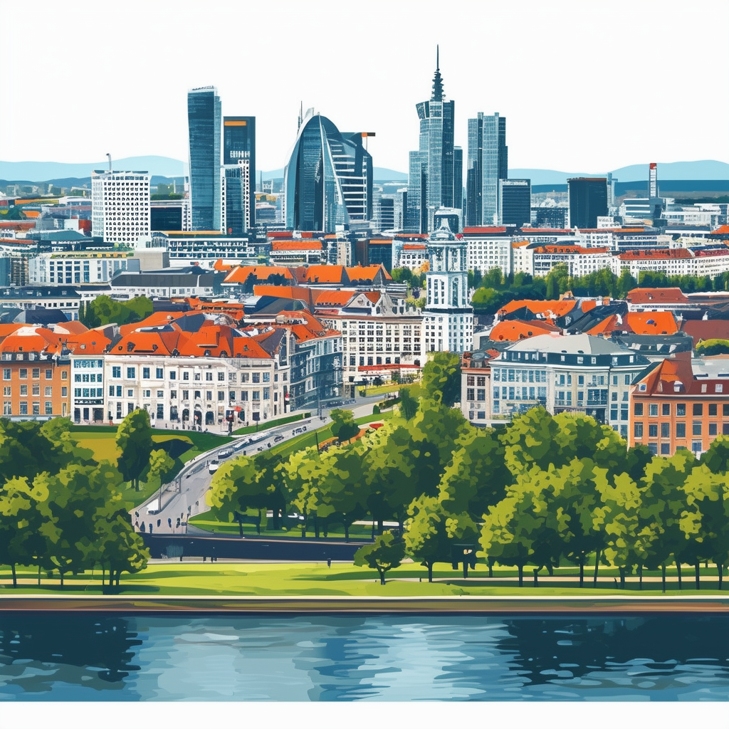 High-quality flat vector illustration showcasing Frankfurts urban landscape blending modern skyscrapers and historic buildings set against a serene backdrop of green parks and riverside promenades capturing the essence of tradition meets innovation featuri