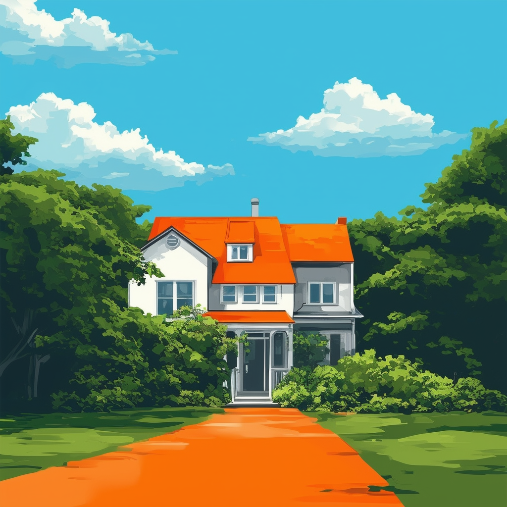 Cozy home surrounded by nature bright orange roof serene blue sky conveying stability and growth hex colors: White ffffff Orange ec6707 Blue 1398f8 Dark Gray 595857 Light Gray a6a7a8.