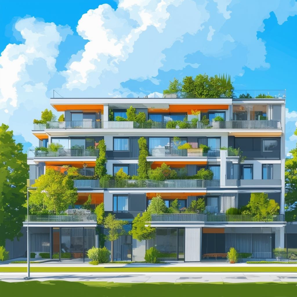 Luxurious apartment building in Frankfurt am Main modern architecture greenery bright blue sky fluffy white clouds serenity prosperity balconies windows rooftop garden White ffffff Orange ec6707 Blue 1398f8 Dark Gray 595857 Light Gray a6a7a8.