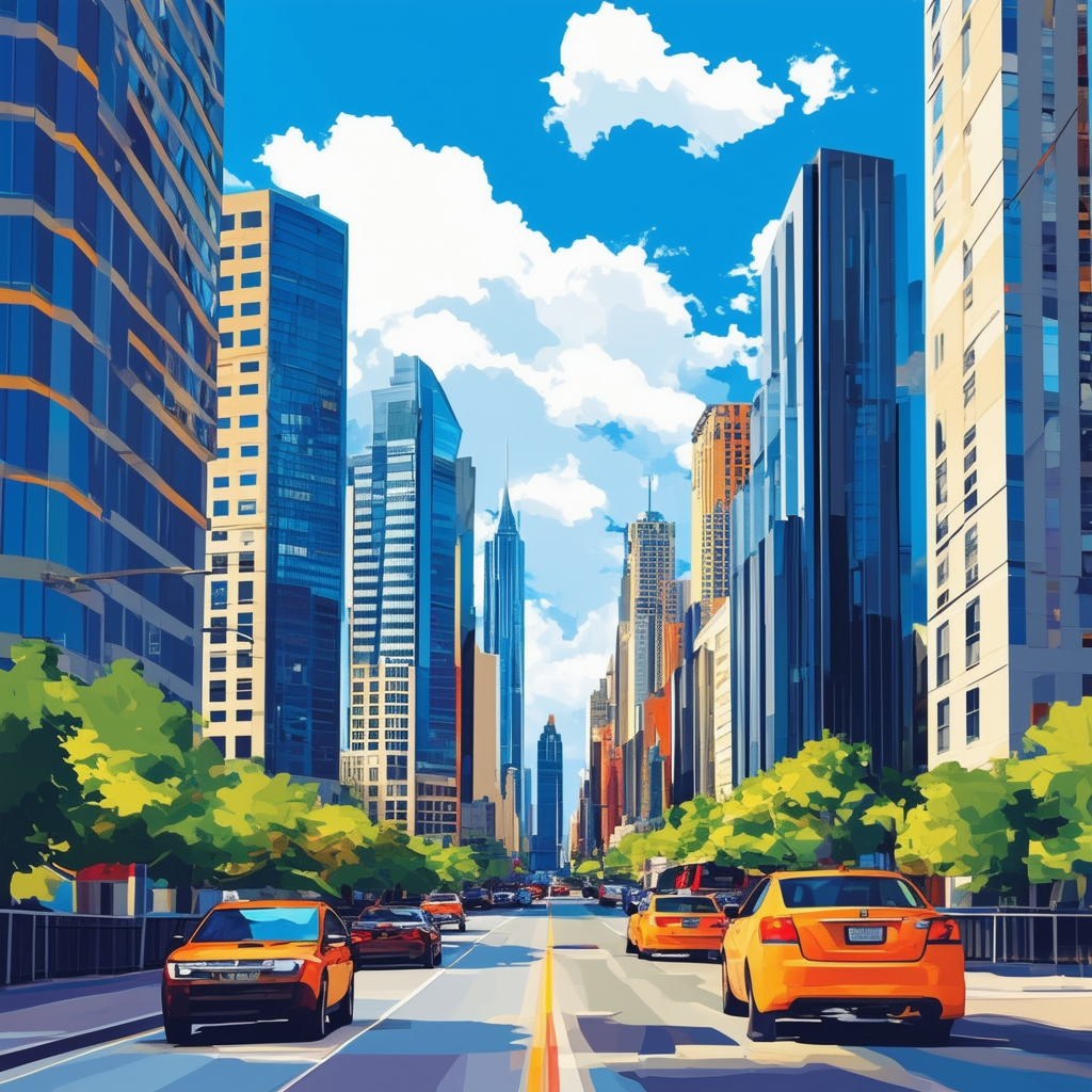 Modern cityscape with sleek skyscrapers bustling streets vibrant colors bright blue sky fluffy white clouds White ffffff Orange ec6707 Blue 1398f8 Dark Gray 595857 Light Gray a6a7a8 energy optimism growth.