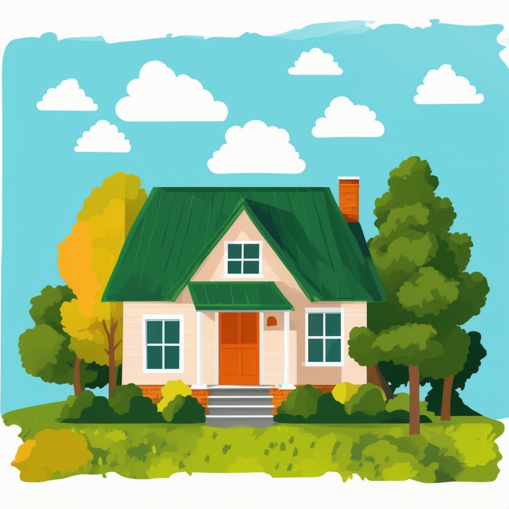 A serene flat vector illustration of a house with a lush green roof nestled among trees in harmony symbolizing growth balance and unity set against a bright blue sky filled with fluffy white clouds radiating optimism hope positivity White ffffff Orange ec6