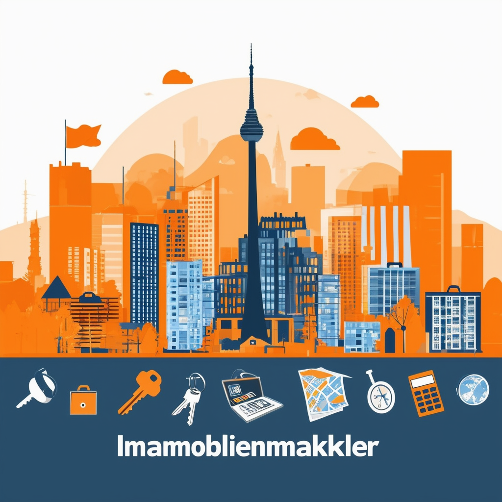 High-quality professional illustration showcasing Frankfurt skyline with prominent building in foreground surrounded by icons representing Immobilienmakler services: house keys briefcases calculators maps. Set against gradient background transitioning from