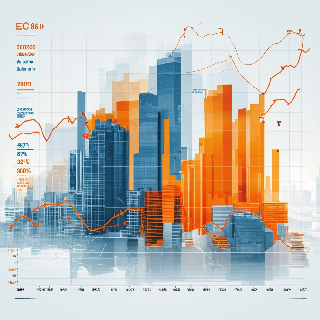 Graph illustrating property value fluctuations across various regions represented by distinct colors and shapes with orange lines blue arrows dark gray text and light gray shading on a white background ffffff.