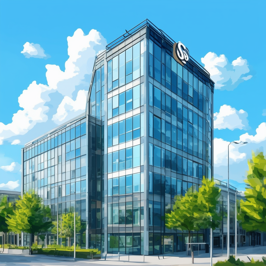 Modern office building in Frankfurts Westend sleek glass faade prominent logo on rooftop bright blue sky with fluffy white clouds lush greenery hex colors ec6707 1398f8 595857 a6a7a8.