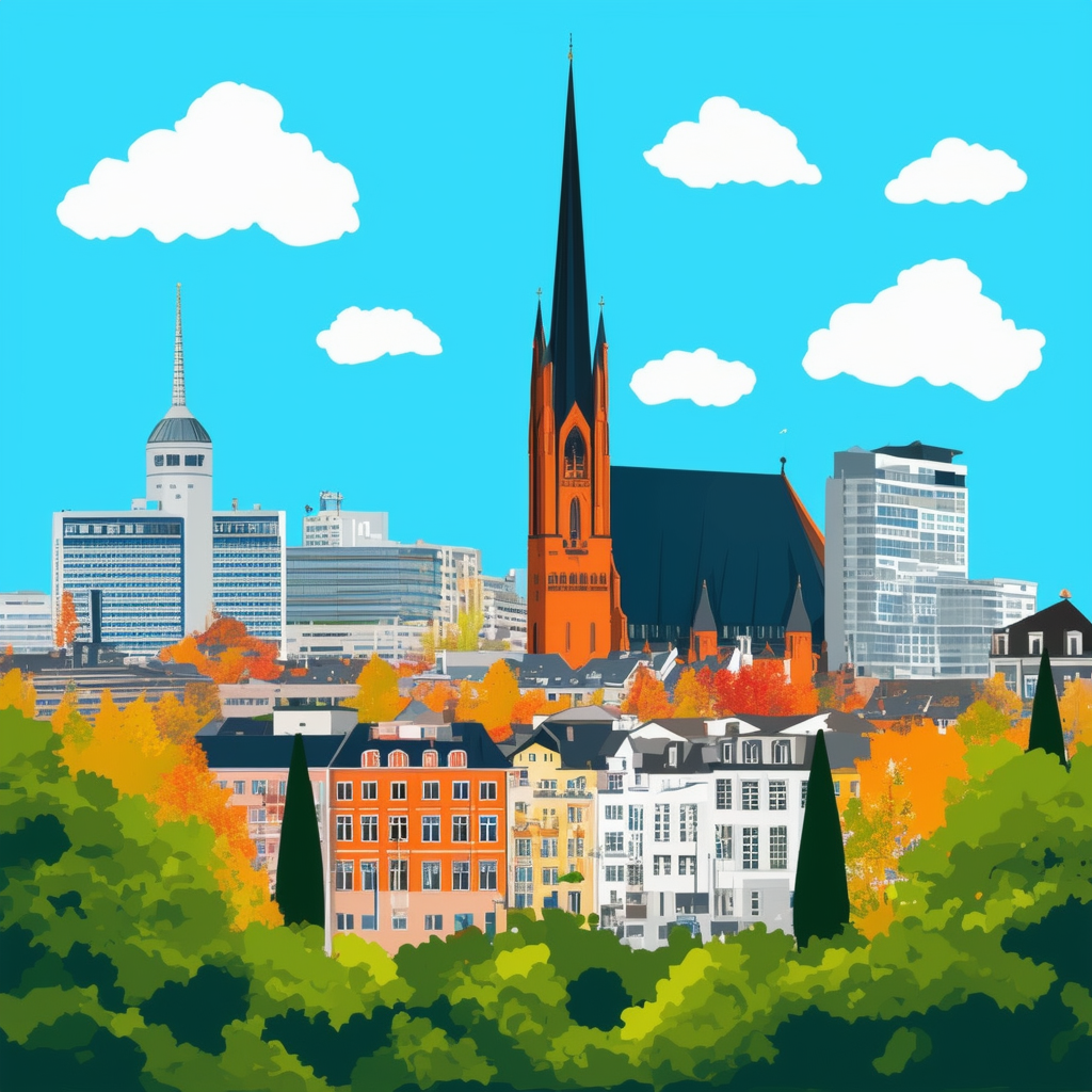 Frankfurter Skyline mit Roemerberg Kirche und Main Tower umgeben von gruenen Baeumen und Wolken am blauen Himmel in Hexfarben 1398f8 Blau ec6707 Orange a6a7a8 Lichtgrau 595857 Dunkelgrau und ffffff Weiss.