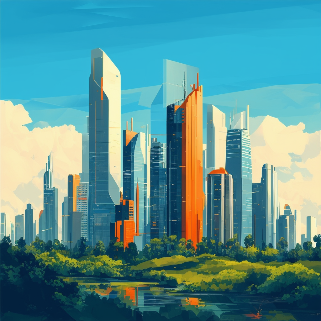 Future cityscape illustration featuring sustainable architecture green spaces rising skyscrapers blue sky with orange hues symbolizing growth innovation and environmental consciousness.