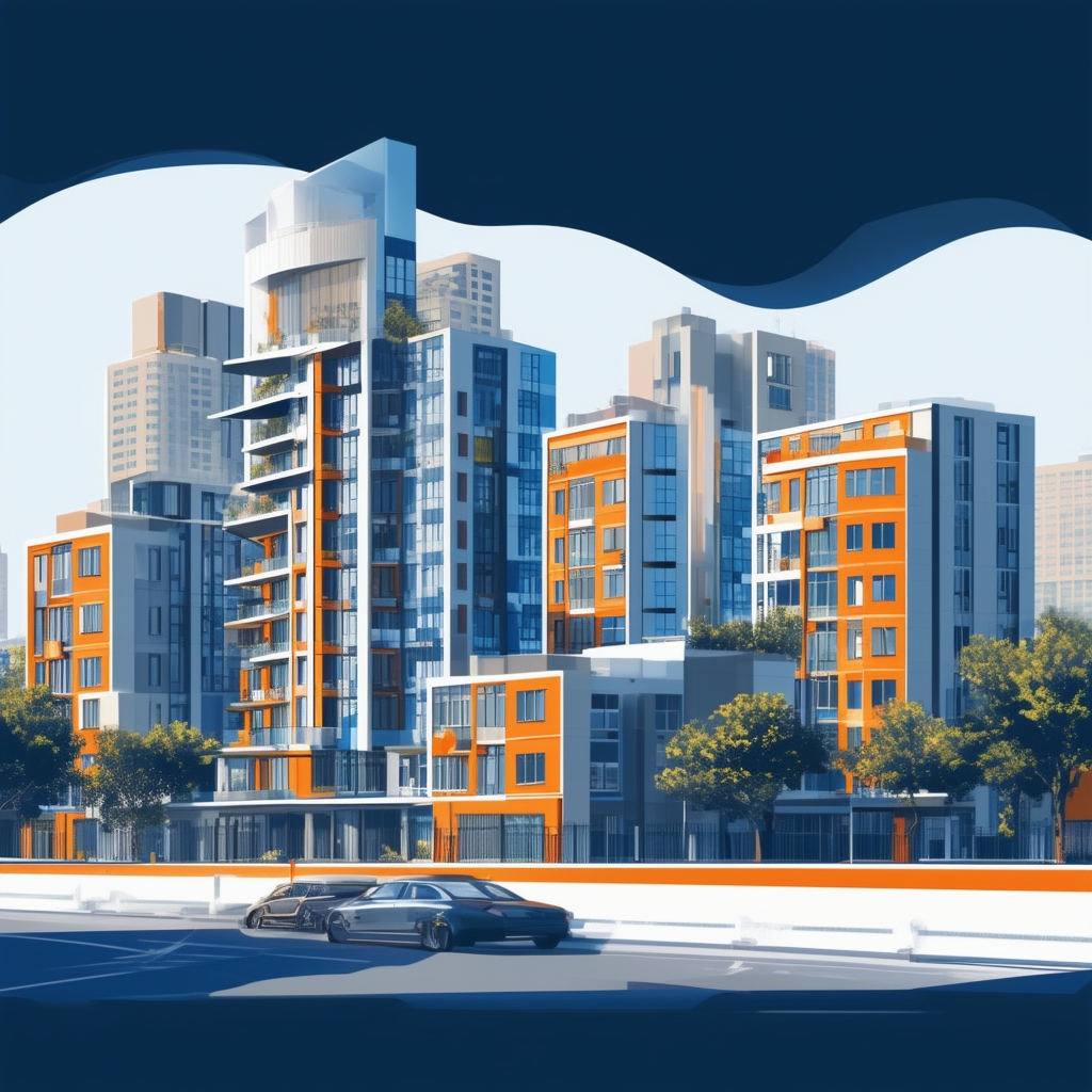 Urban landscape illustration featuring modern architecture highlighting location infrastructure future developments on property value set against a backdrop of White ffffff Orange ec6707 Blue 1398f8 Dark Gray 595857 Light Gray a6a8a9.