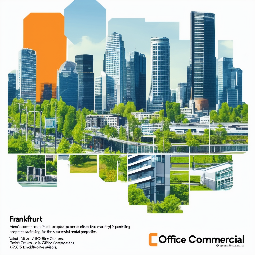 High-quality vector illustration showcasing Frankfurts commercial property market highlighting effective marketing strategies for successful rental properties. Featuring prominent real estate companies like Valuvis GmbH AllOfficeCenters GmbH blackolive adv