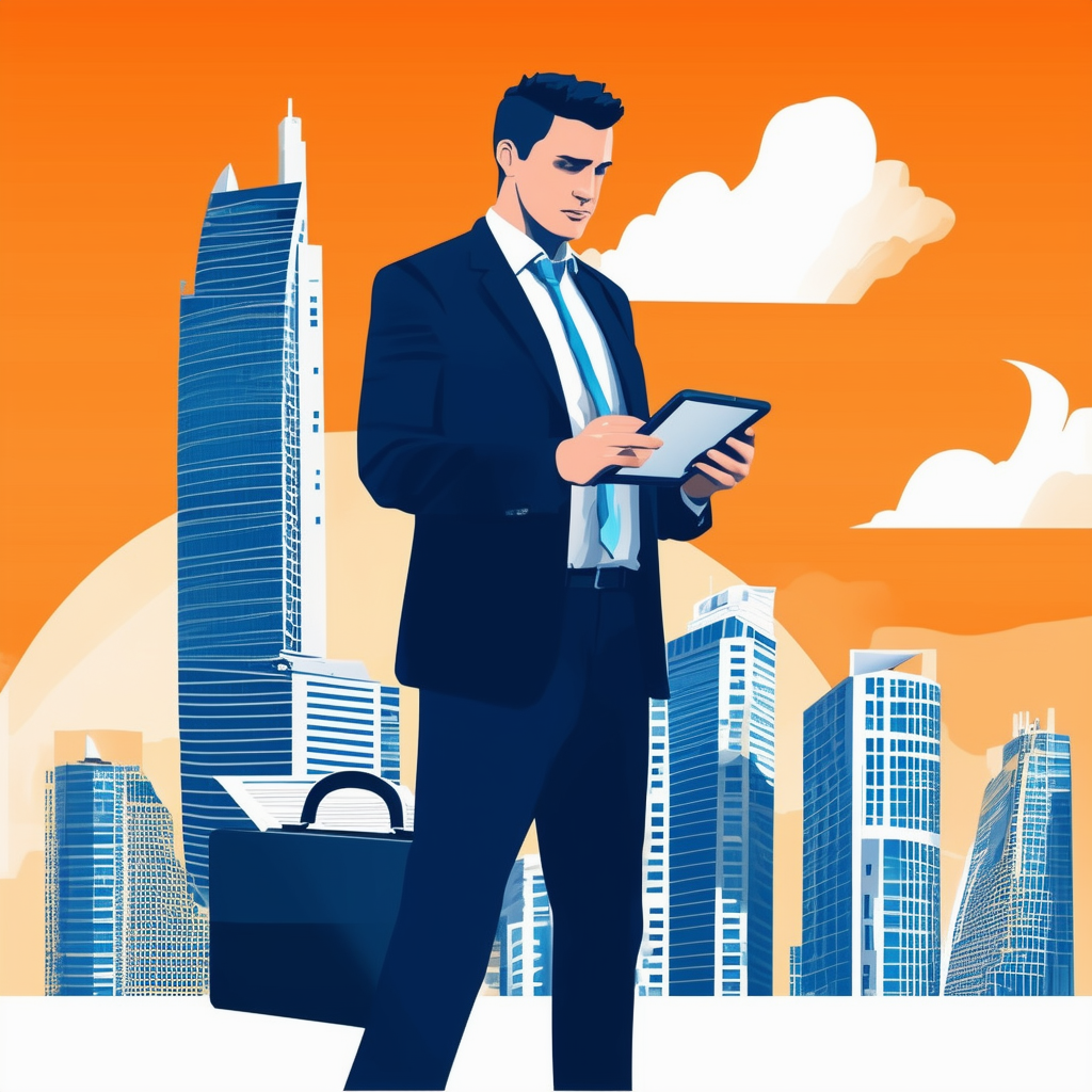 Professional Real Estate Agent Maximilian Ruecker: Frankfurt Skyscraper Background with Tablet and Briefcase.