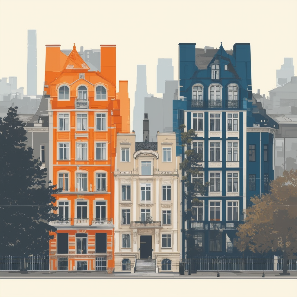 Architectural contrast: Modern neubau new build and historic altbau old building blending styles set against neutral background with White ffffff Orange ec6707 Blue 1398f8 Dark Gray 595857 Light Gray a6a7a8.