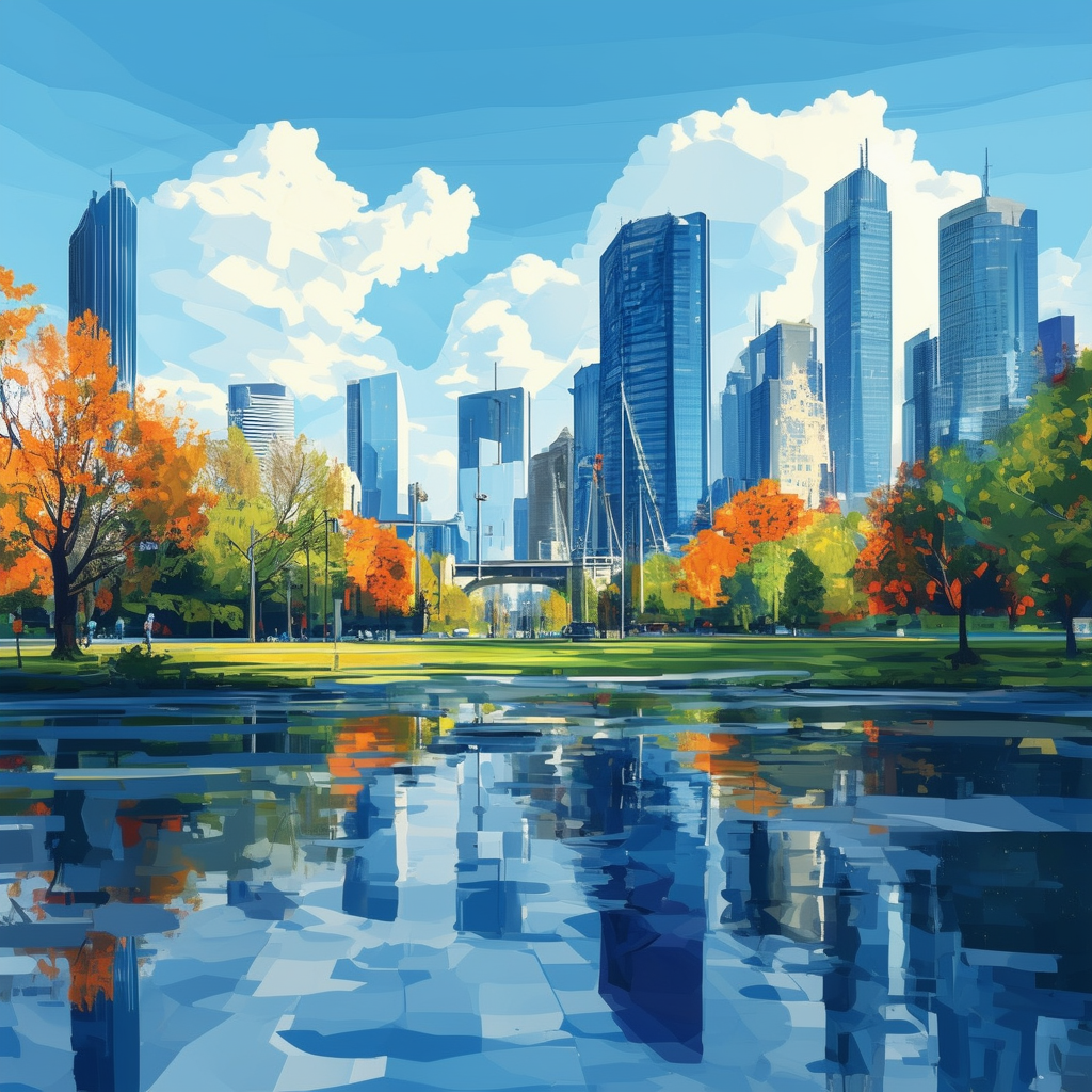 Future Cityscape Illustration: A futuristic metropolis with modern skyscrapers lush green parks and bustling street life set against a bright blue sky filled with white clouds featuring hex colors White ffffff Orange ec6707 Blue 1398f8 Dark Gray 595857 Lig