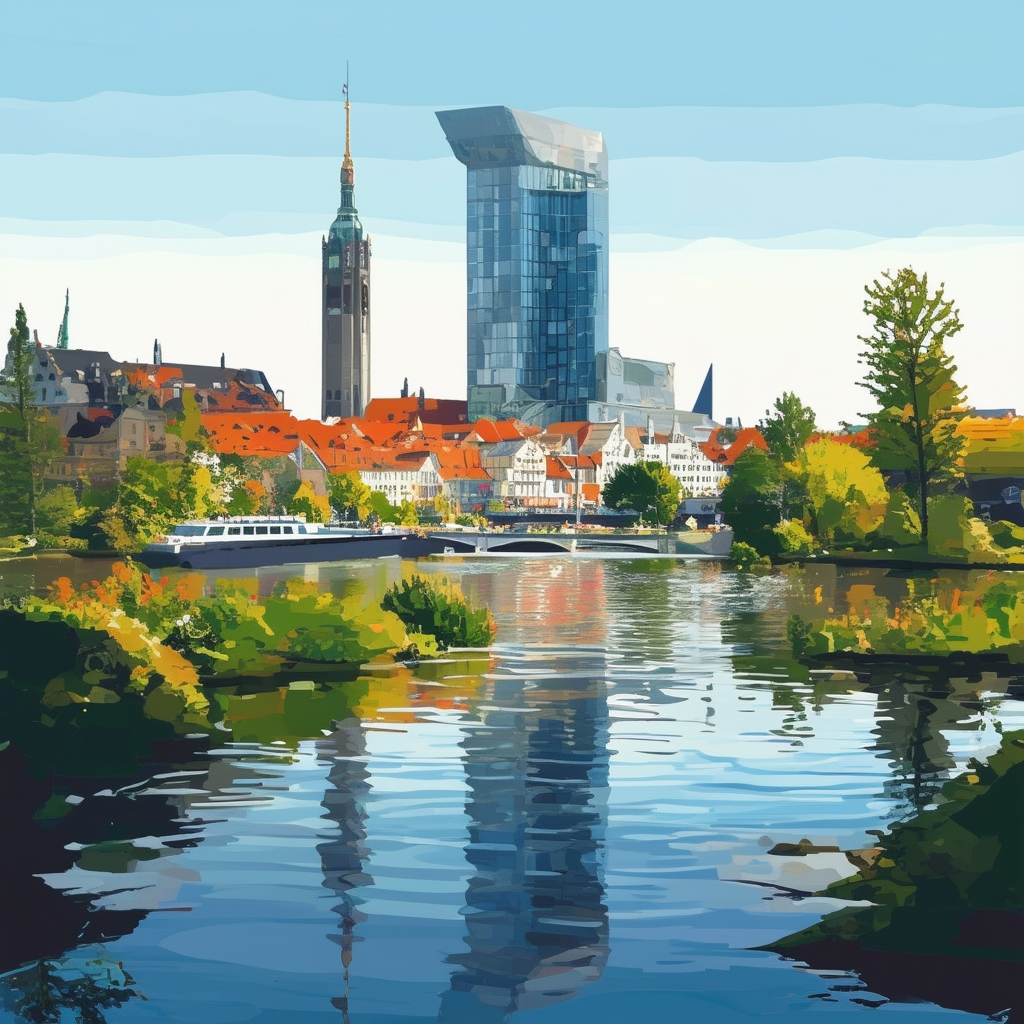 Modern Frankfurt am Main cityscape with prominent building in foreground surrounded by lush greenery and water features conveying innovation harmony between architecture and nature Hex colors: White ffffff Orange ec6707 Blue 1398f8 Dark Gray 595857 Light G