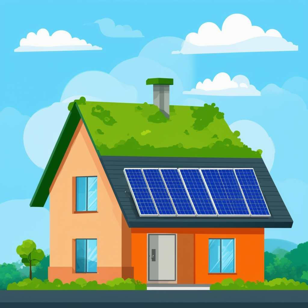 Eco-friendly home with green roof solar panels energy-efficient appliances set against a serene blue sky with white clouds incorporating hex colors: White ffffff Orange ec6707 Blue 1398f8 Dark Gray 595857 Light Gray a6a7a8.