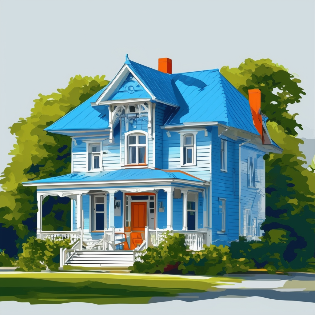 Illustration of Frankfurt house with bright blue roof surrounded by lush greenery subtle gradient effect for depth set against light gray background incorporating hex colors: White ffffff Orange ec6707 Blue 1398f8 Dark Gray 595857 and Light Gray a6a7a8.