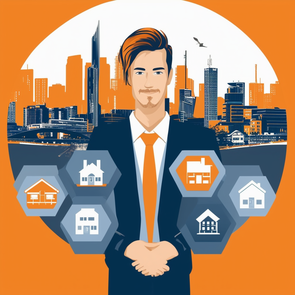 Professional Real Estate Agent Illustration: Expertly guiding clients through various property types from modern apartments to luxurious mansions set against the stunning skyline of Frankfurt am Main Germany with a warm orange accent ec6707 calming blue hu