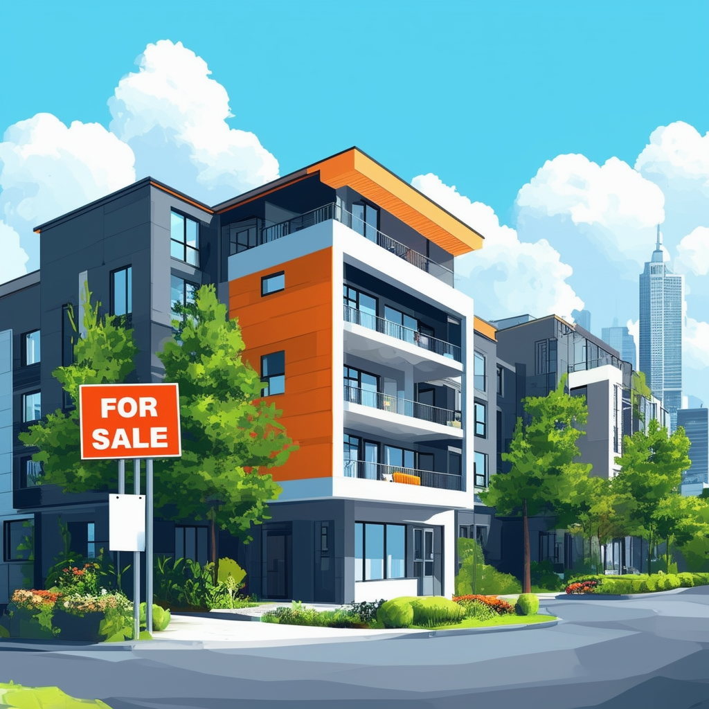 Modern apartment building for sale sign prominently displayed against bright blue sky with fluffy white clouds surrounded by lush greenery urban architecture in the background incorporating Hex colors: White ffffff Orange ec6707 Blue 1398f8 Dark Gray 59585