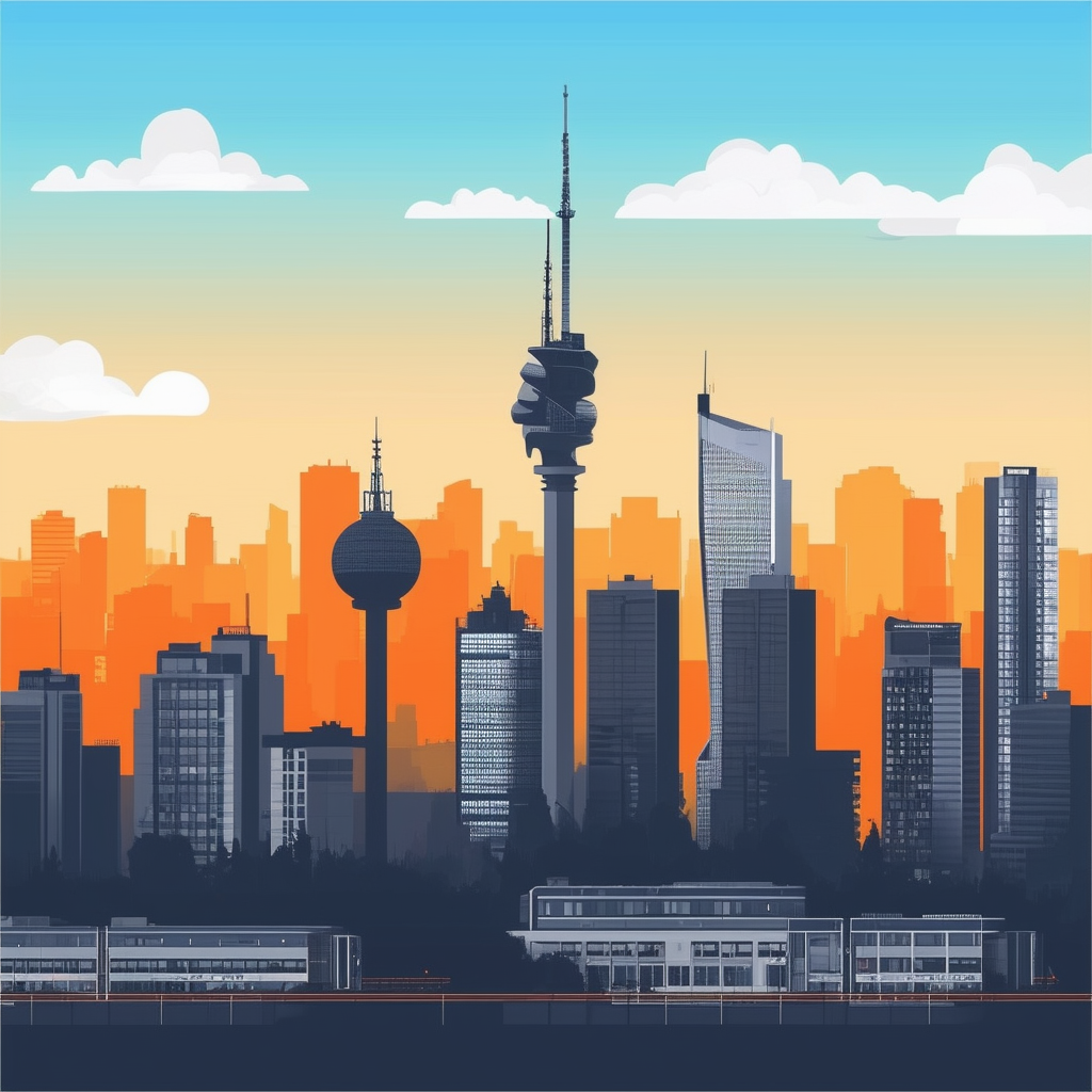 Panorama of Frankfurts skyline at sunset featuring modern skyscrapers and historic buildings set against a bright blue sky with white clouds gradient effect hex colors: White ffffff Orange ec6707 Blue 1398f8 Dark Gray 595857 Light Gray a6a7a8.