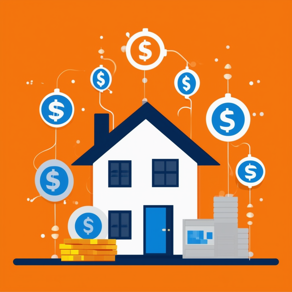 Eine Vektorillustration eines Hauses umgeben von Finanzsymbolen in Weiss Orange Blau Dunkelgrau und Hellgrau - Darstellung von Immobilien- und Finanzkonzepten.