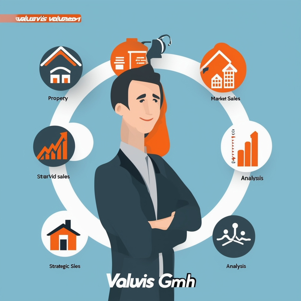 Professional real estate agent expertly guiding clients through property valuation market analysis strategic sales advice surrounded by icons representing Valuvis GmbH services set against calming blue 1398f8 background with accents of orange ec6707 white