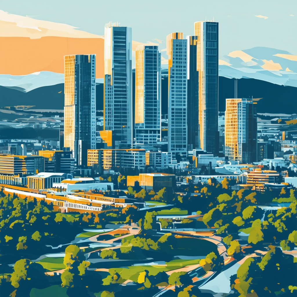 High-quality flat vector illustration of Immobilienpreise Frankfurt 2024 showcasing a futuristic cityscape with towering skyscrapers lush green spaces modern architecture bold lines vibrant colors including White ffffff Orange ec6707 Blue 1398f8 Dark Gray