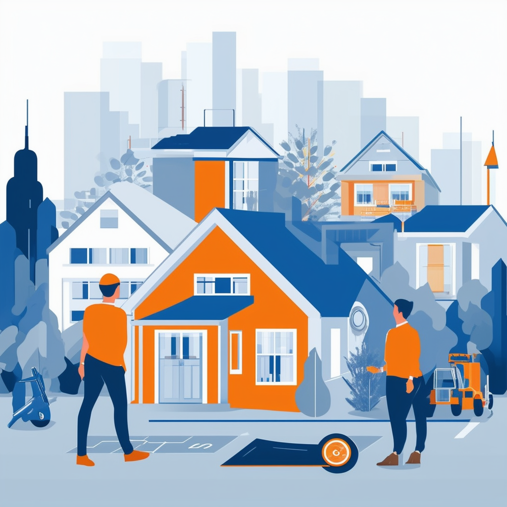 Eine moderne Immobilienmarkt-Illustration mit digitalen Tools effizienter Atmosphaere und Farben wie Weiss Orange Blau und Grau.