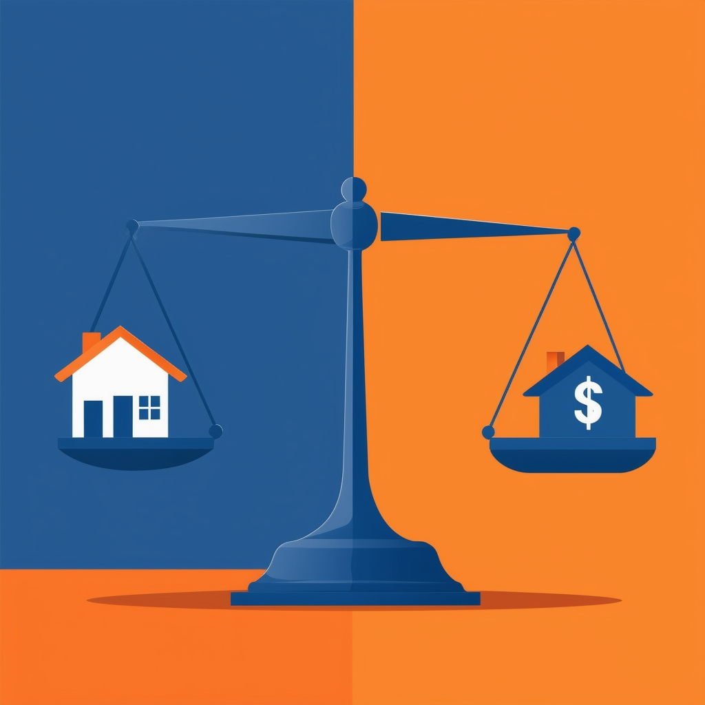 Eine ausgewogene Waage mit Miethaus-Symbol und Haus-Dollar-Symbol vor blau-orangem Uebergang der Entscheidungsprozess beim Wohnen symbolisiert.