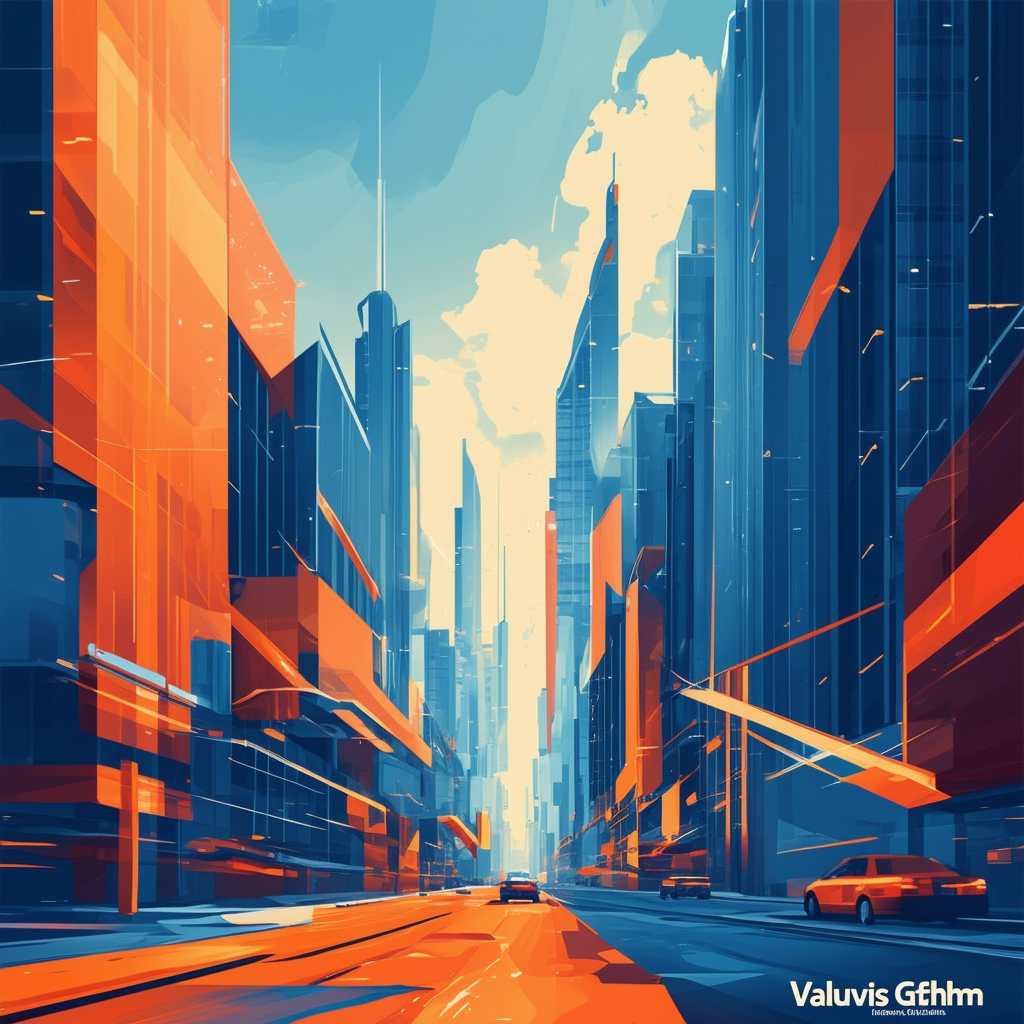 High-quality futuristic cityscape illustration featuring Valuvis GmbH logo prominently displayed surrounded by abstract shapes and lines that evoke themes of growth innovation and opportunity.