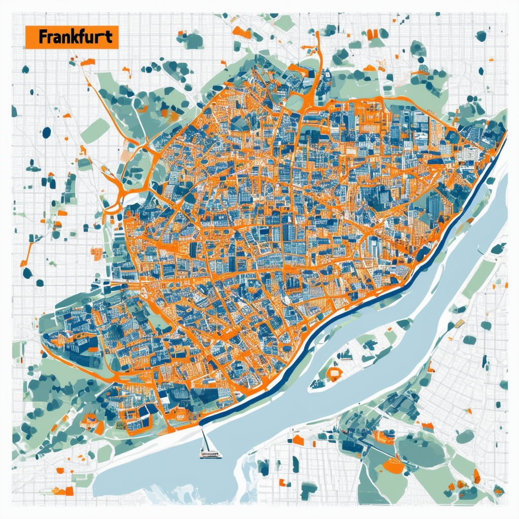 High-quality vector illustration showcasing Frankfurts city districts map featuring colorful icons representing various neighborhoods surrounded by subtle grid pattern highlighting property prices variations across the city.