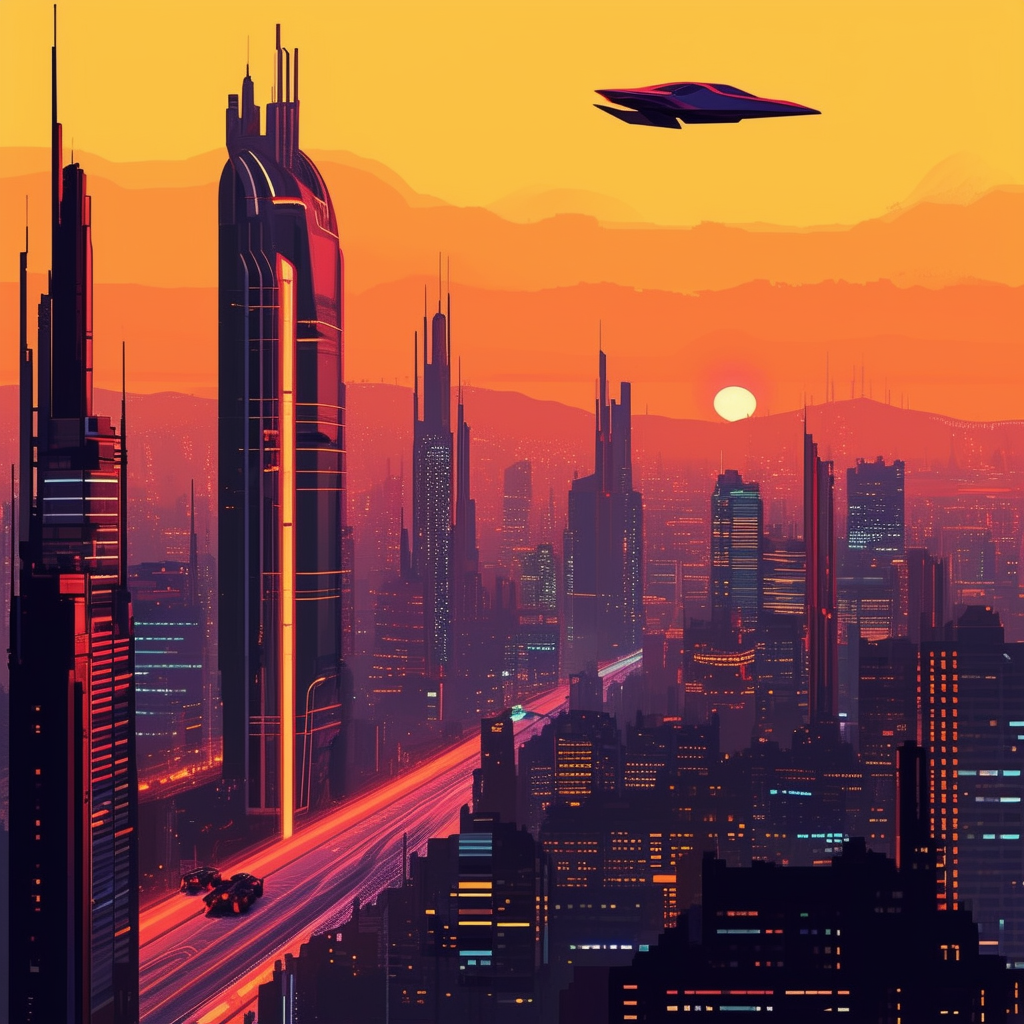 Future Cityscape at Sunset: A futuristic metropolis with towering skyscrapers vibrant neon lights flying cars zipping by set against a warm orange ec6707 sky.