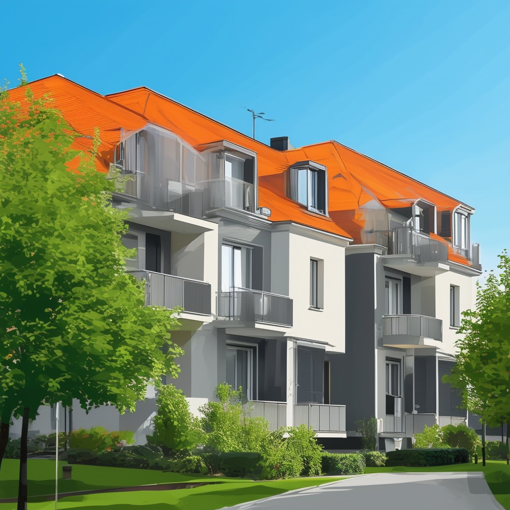 High-quality flat vector illustration of Frankfurt am Main house and apartment building complex featuring bright orange accent color ec6707 on roof surrounded by lush greenery set against clear blue sky 1398f8 with subtle gradient effects for depth. Modern