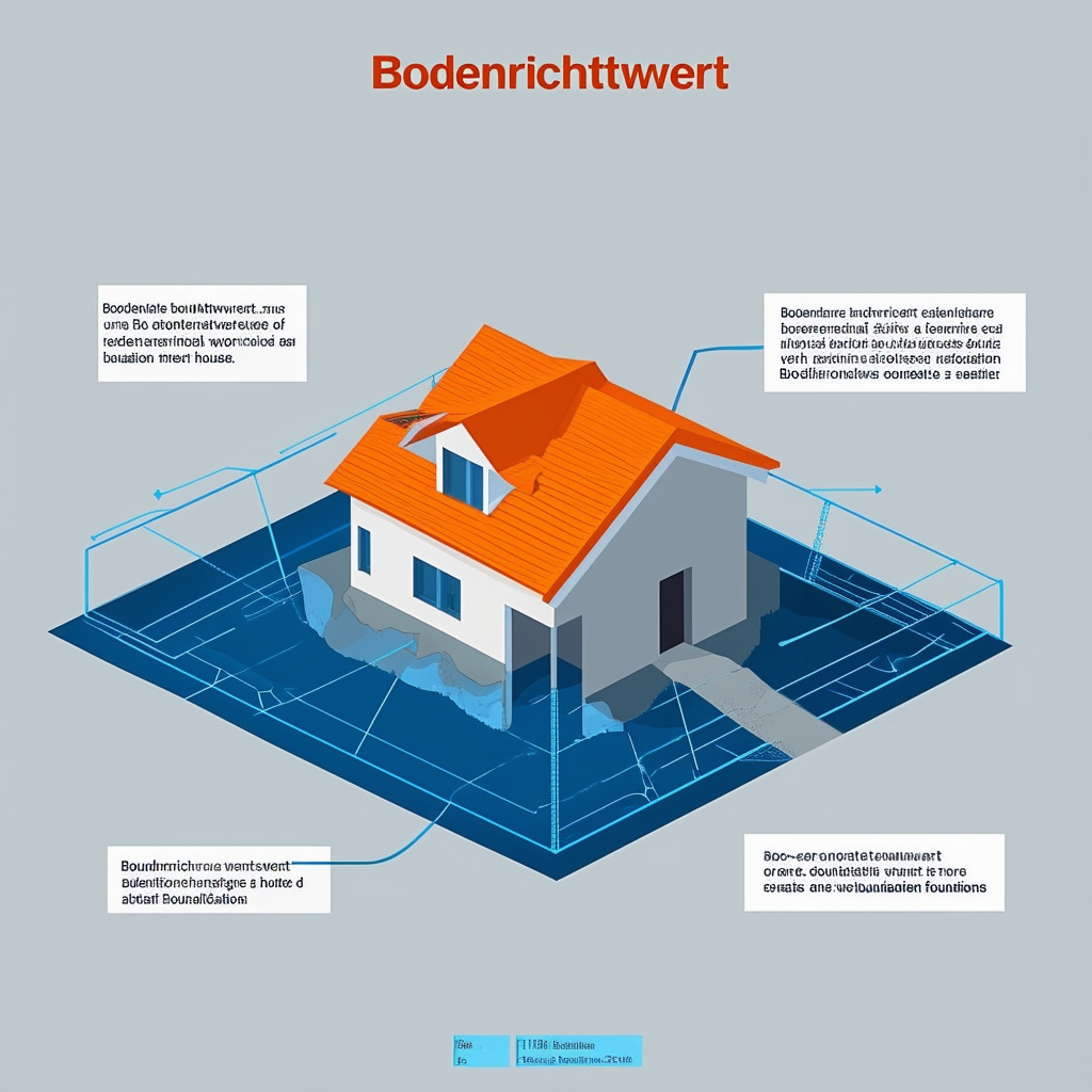 Bodenrichtwert: Grundlage fuer Immobilienbewertung - ein flacher Vektorillustration von Hausgruendung mit orangen Akzent umgeben von blauen Linien die Eigentumsbereiche darstellen auf einem hellgrauen Hintergrund mit weissen Text-Ueberlagerungen die den Ko