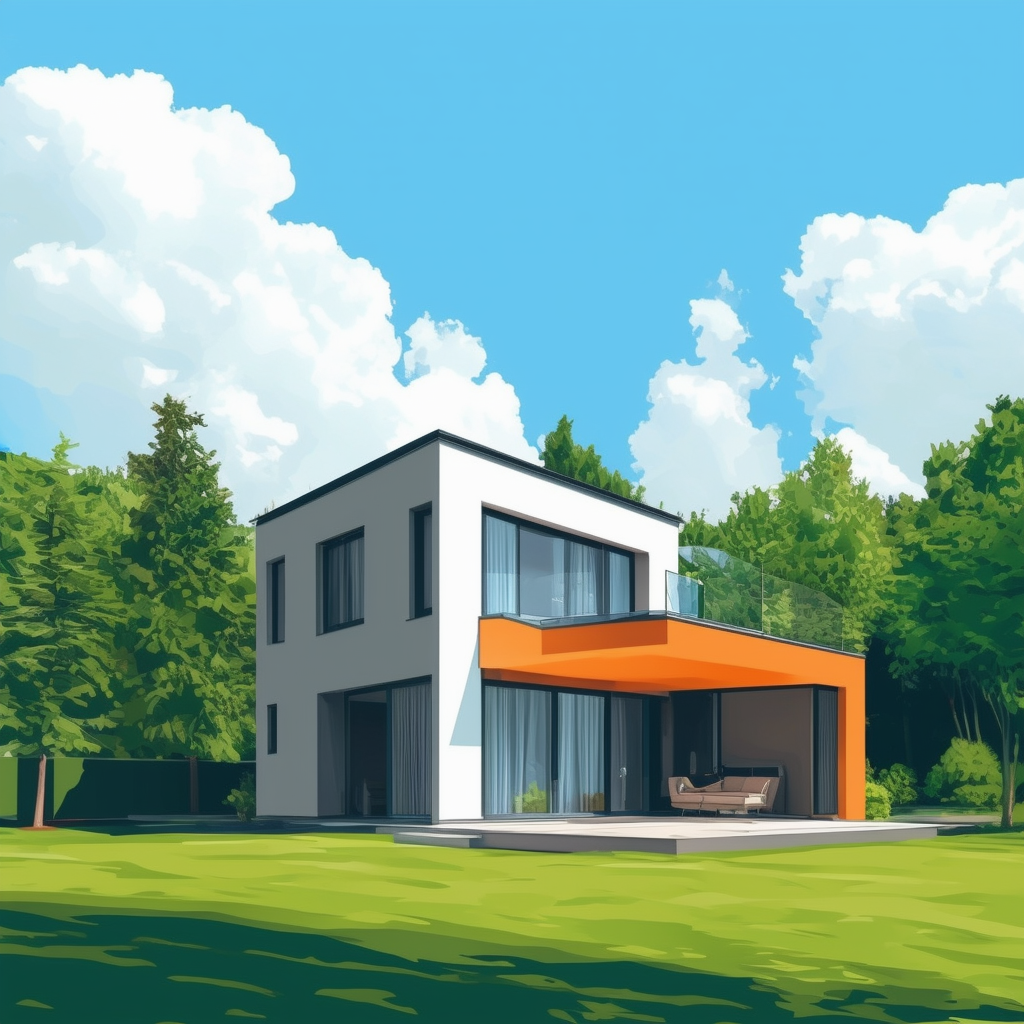 Moderner Haus mit gruenem Garten und umgebenden Baeumen vor einem hellblauen Himmel mit weissen Wolken kombiniert mit den bereitgestellten Hex-Farbcodes: Weiss ffffff Orange ec6707 Blau 1398f8 dunker Grau 595857 und Lichtgrau a6a7a8. Die Illustration zeigt