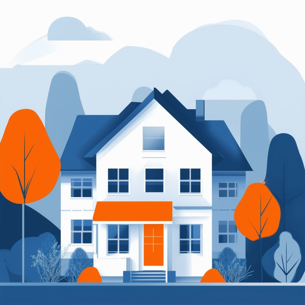 Eine ruhige und informative Illustration ueber Immobilien und Finanzplanung mit Farben wie Weiss Orange Blau Dunkelgrau und Hellgrau.