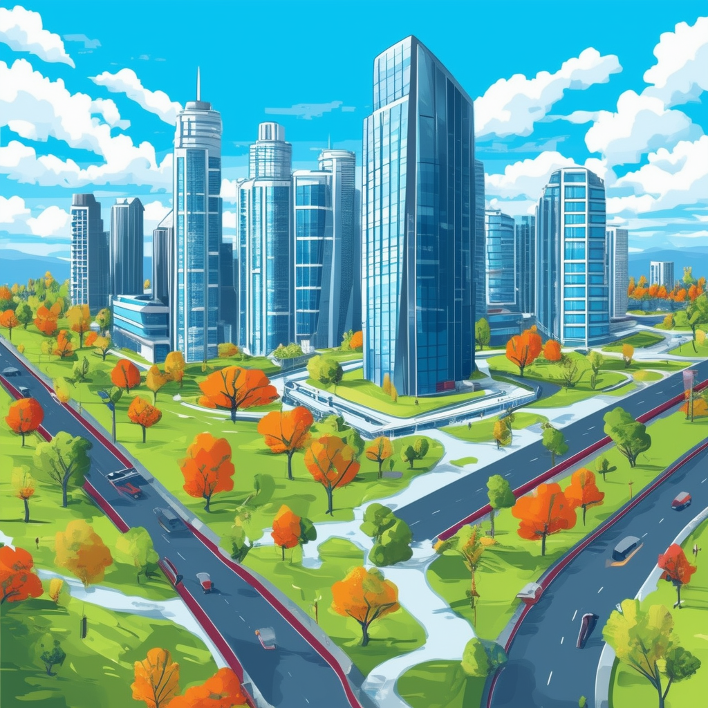 Futuristic cityscape illustration featuring modern skyscrapers green spaces and vibrant street life scene set against bright blue sky with fluffy white clouds incorporating hex colors: White ffffff Orange ec6707 Blue 1398f8 Dark Gray 595857 Light Gray a6a7