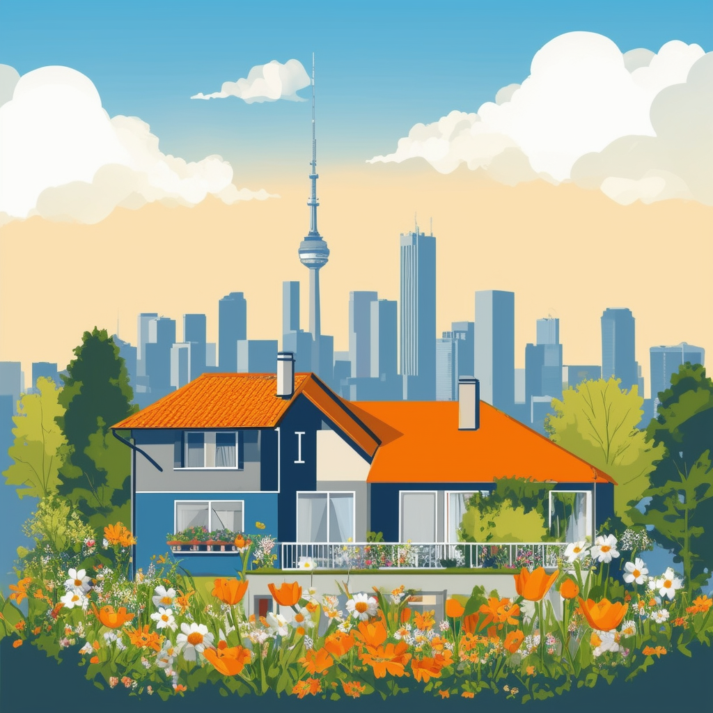 Florally adorned residential property with blooming flowers outside set against a bright blue sky with fluffy white clouds surrounded by the iconic Frankfurt skyline showcasing vibrant colors: White ffffff Orange ec6707 Blue 1398f8 Dark Gray 595857 Light G