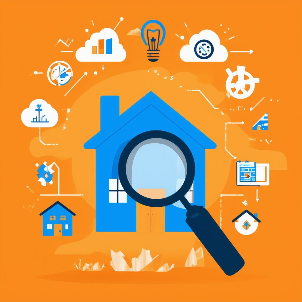 A flat vector illustration of: A house with magnifying glass surrounded by icons representing market analysis property valuation expert advice set against bright blue background 1398f8 with accents of orange ec6707 white ffffff dark gray 595857 light gray