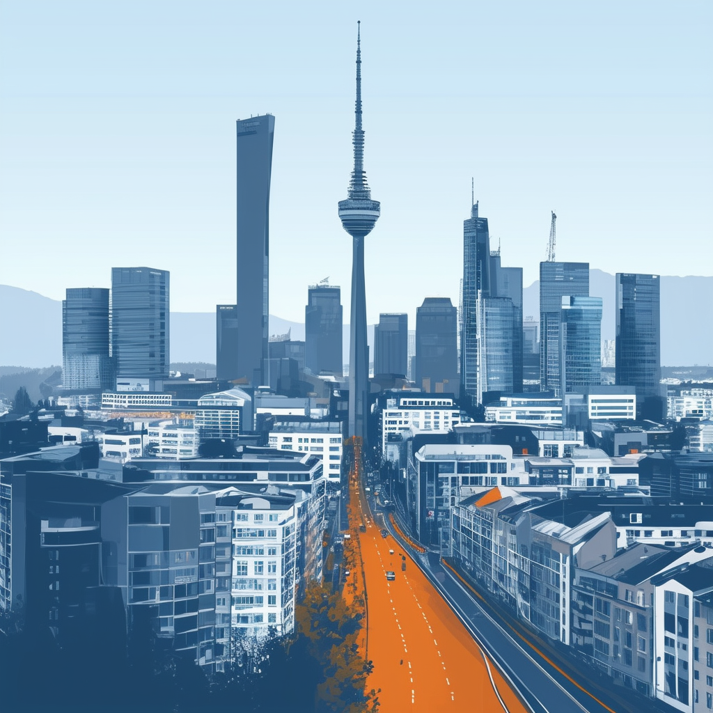 Dynamic Frankfurt skyline illustration showcasing rising skyscrapers bustling streets symbolizing growth  development in commercial real estate market amidst increasing property prices and demand for office spaces. White ffffff Orange ec6707 Blue 1398f8 Da