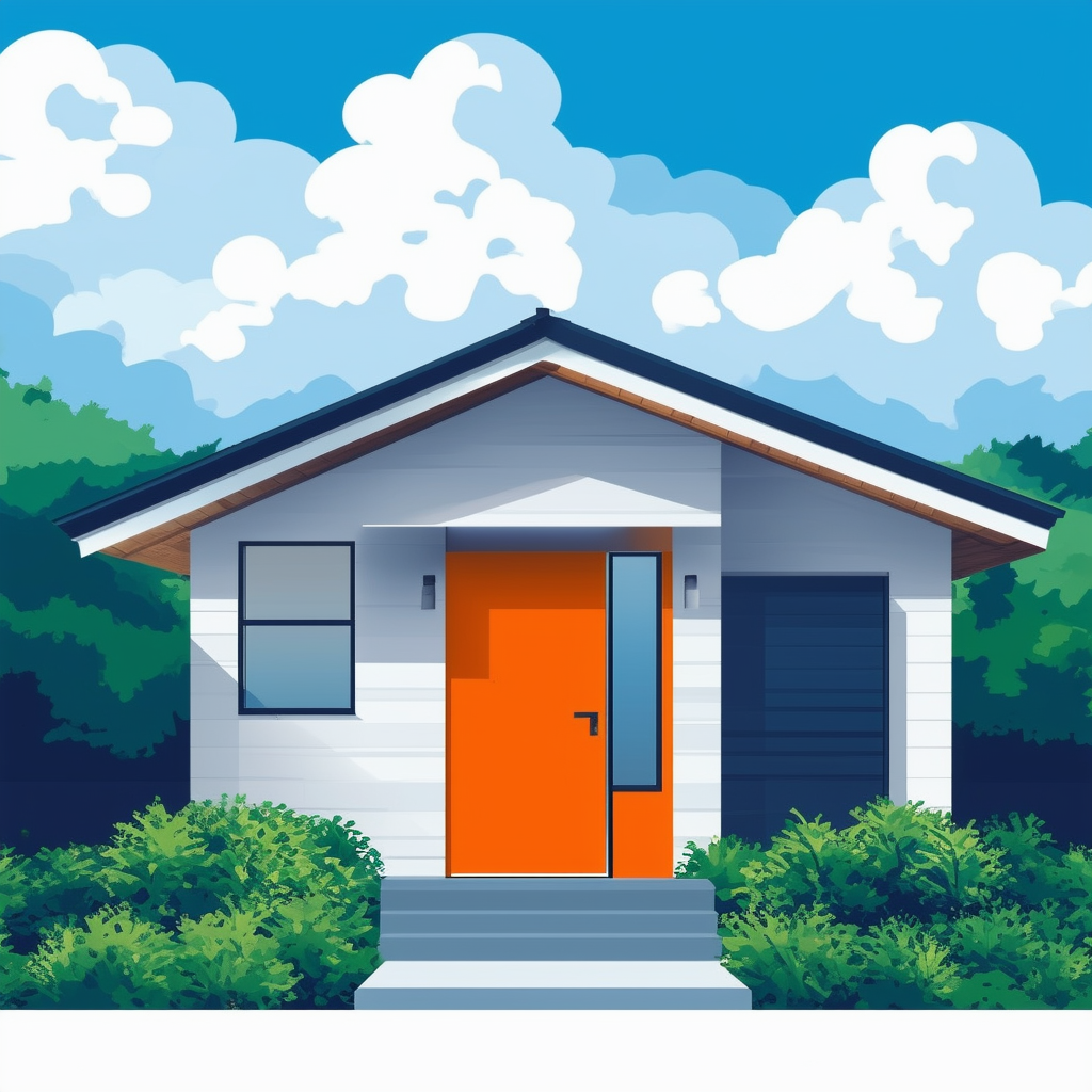 Modern house illustration bright orange door lush greenery serene blue sky with fluffy white clouds conveying Benefits of Selling Your Home in 2024 theme optimism and growth White ffffff Orange ec6707 Blue 1398f8 Dark Gray 595857 Light Gray a6a7a8.